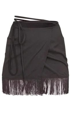 Black Tassel Hem Wrap Mini Skirt