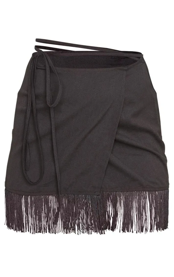 Black Tassel Hem Wrap Mini Skirt