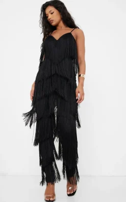 Black Tassel Plunge Jumpsuit