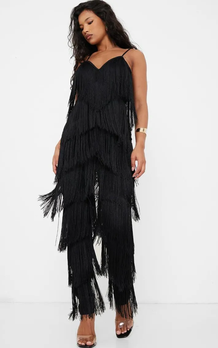 Black Tassel Plunge Jumpsuit