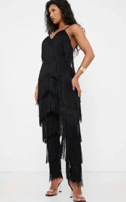 Black Tassel Plunge Jumpsuit