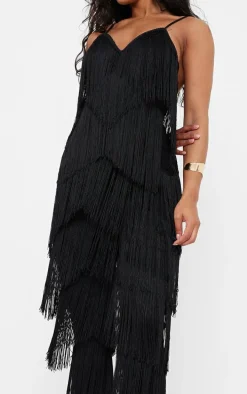 Black Tassel Plunge Jumpsuit
