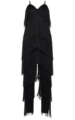Black Tassel Plunge Jumpsuit