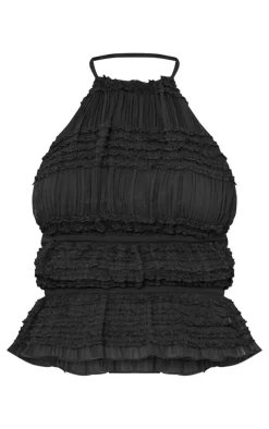 Black Texture Frill Halter Neck Top