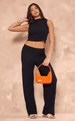 Black Texture High Neck Seam Detail Long Top