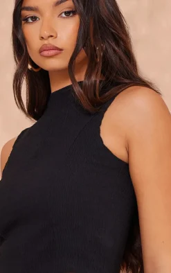 Black Texture High Neck Seam Detail Long Top