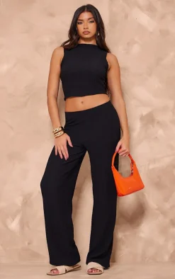 Black Texture Mid Rise Wide Leg Pant