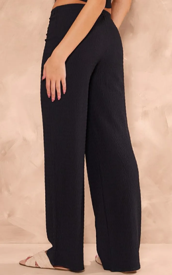 Black Texture Mid Rise Wide Leg Pant