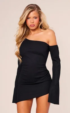 Black Textured Asymmetric One Sleeve Mini Dress