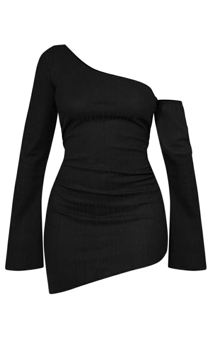 Black Textured Asymmetric One Sleeve Mini Dress