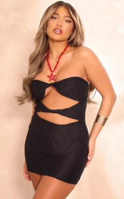 Black Textured Bandeau Twist Detail Cut Out Bodycon Dress