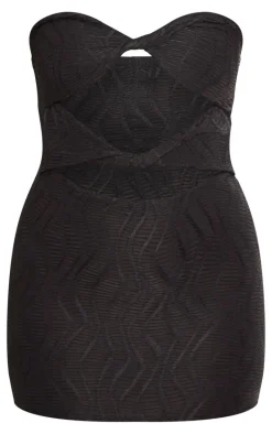 Black Textured Bandeau Twist Detail Cut Out Bodycon Dress