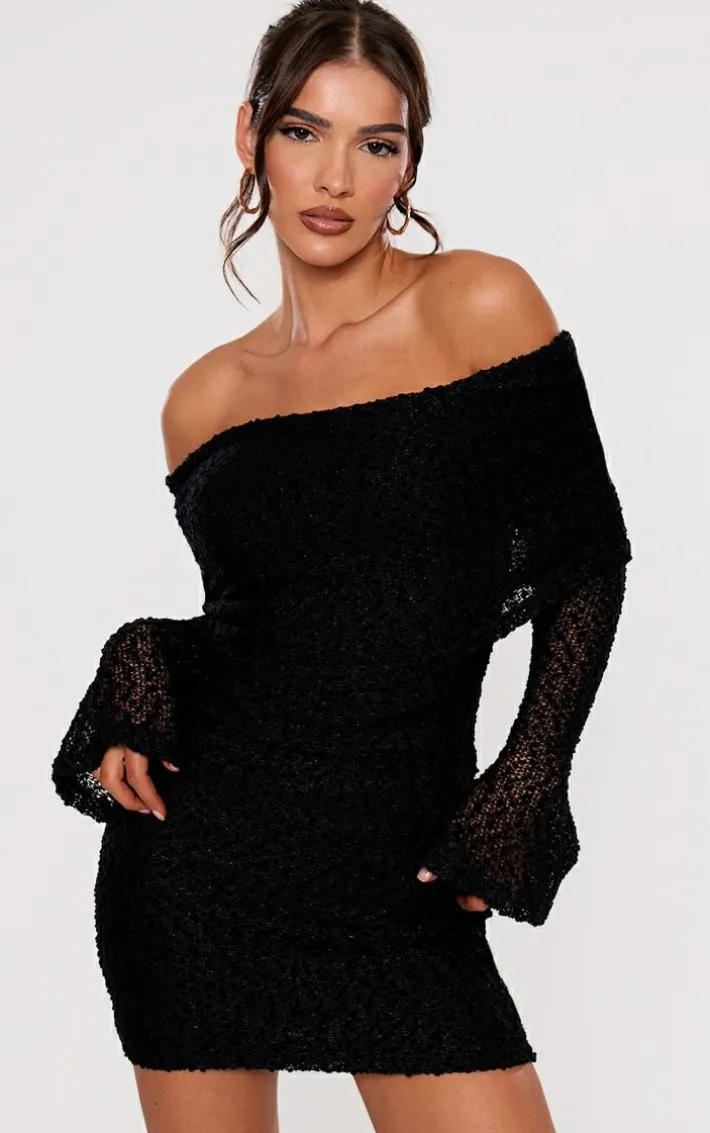 Black Textured Bardot Flare Long Sleeve Mini Dress