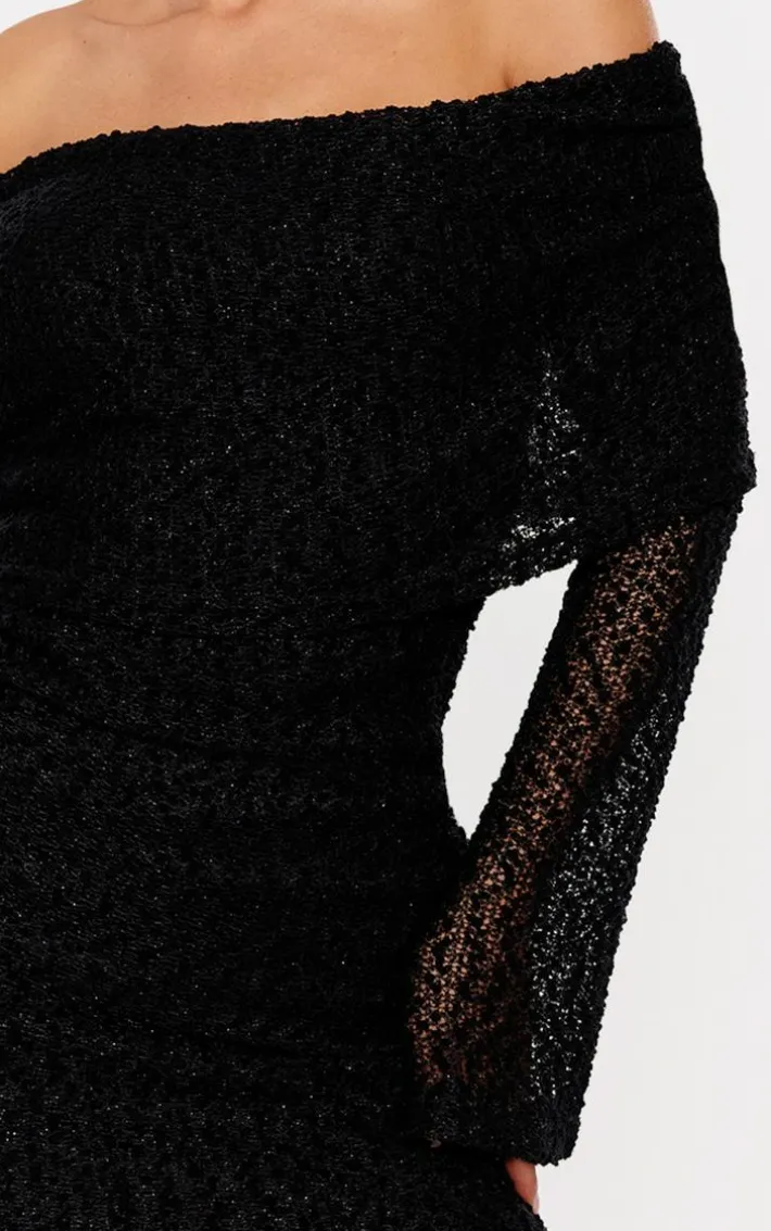 Black Textured Bardot Flare Long Sleeve Mini Dress