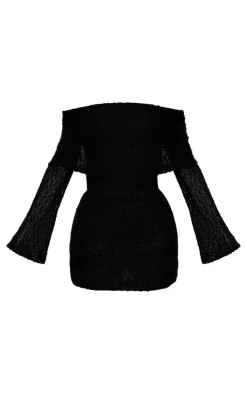 Black Textured Bardot Flare Long Sleeve Mini Dress