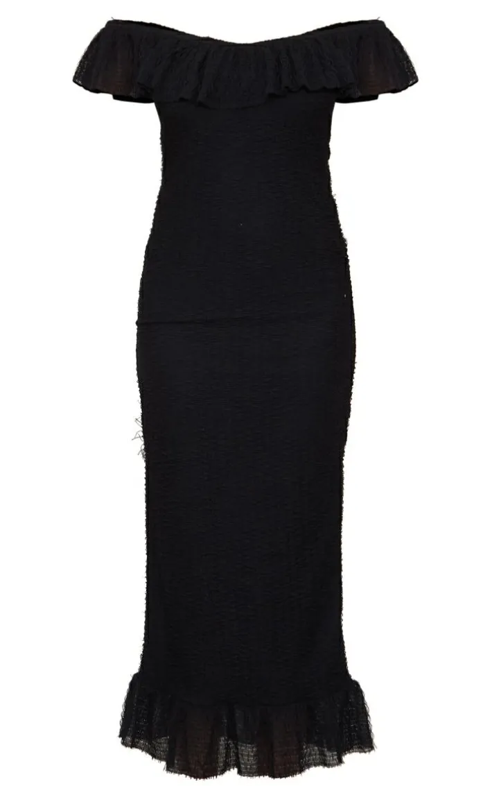 Black Textured Bardot Frill Detail Midaxi Dress