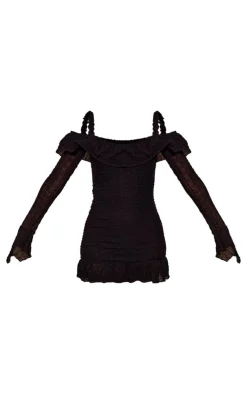 Black Textured Bardot Frill Hem Bodycon Dress