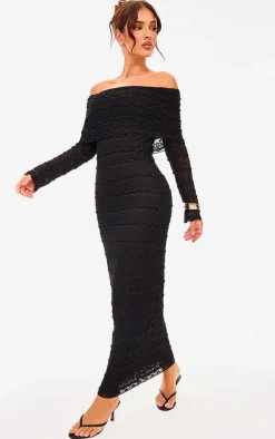 Black Textured Bardot Maxi Dress
