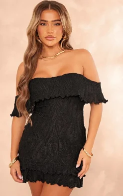 Black Textured Bardot Tiered Shift Dress