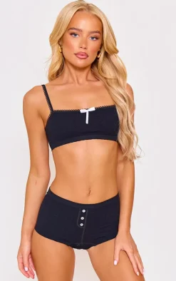 Black Textured Bralette And Boxer Lingerie Set