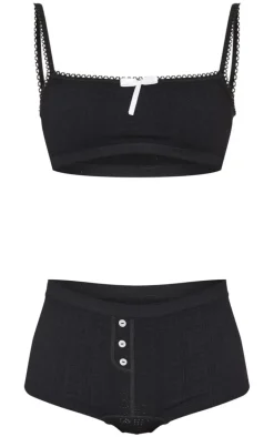 Black Textured Bralette And Boxer Lingerie Set