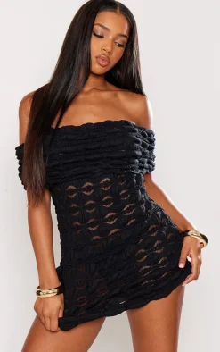 Black Textured Bubble Jersey Bardot Bodycon Dress
