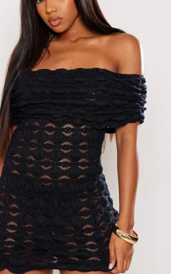 Black Textured Bubble Jersey Bardot Bodycon Dress