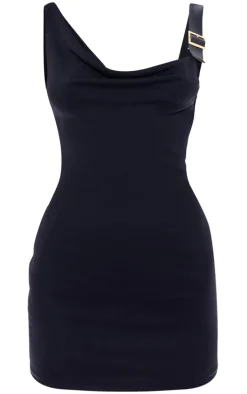 Black Textured Buckle Shoulder Bodycon Dress