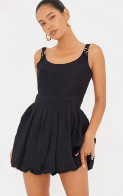 Black Textured Buckle Strap Puffball Dress