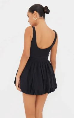 Black Textured Buckle Strap Puffball Dress