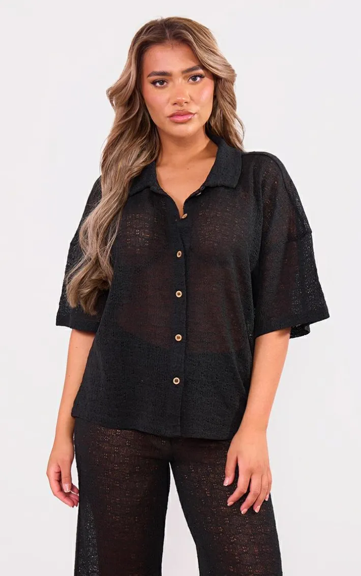 Black Textured Button Front Shirt