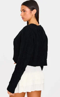 Black Textured Cable Knit Cropped Cardigan