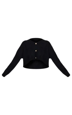 Black Textured Cable Knit Cropped Cardigan