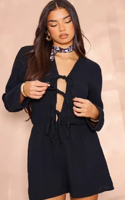 Black Textured Cheescloth Tie Front Romper