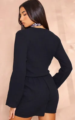 Black Textured Cheescloth Tie Front Romper