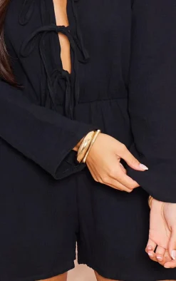 Black Textured Cheescloth Tie Front Romper