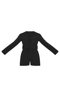 Black Textured Cheescloth Tie Front Romper
