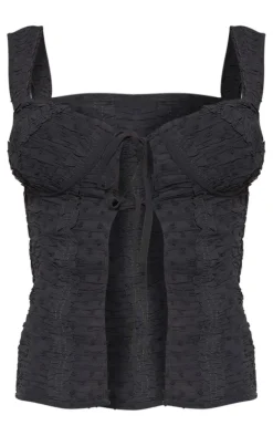 Black Textured Chiffon Frill Tie Front Long Top