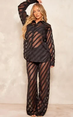 Black Textured Chiffon Oversized Wide Leg Pants