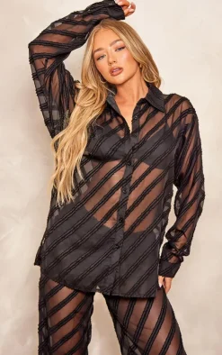 Black Textured Chiffon Oversized Button Up Shirt
