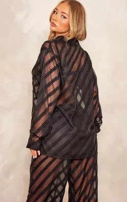 Black Textured Chiffon Oversized Button Up Shirt