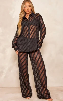 Black Textured Chiffon Oversized Button Up Shirt