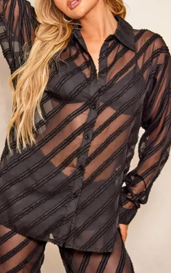 Black Textured Chiffon Oversized Button Up Shirt