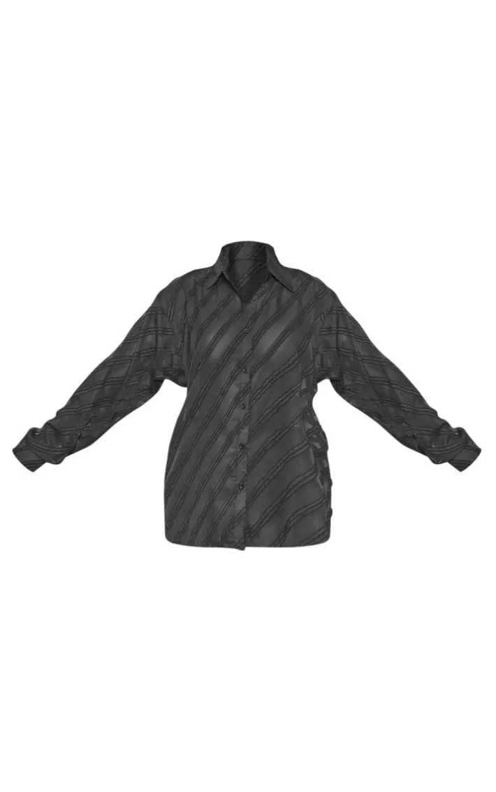 Black Textured Chiffon Oversized Button Up Shirt