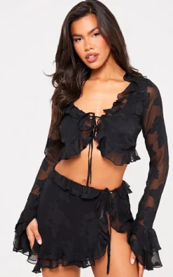 Black Textured Chiffon Tie Side Frilly Mini Skirt