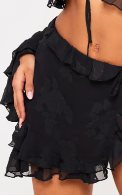 Black Textured Chiffon Tie Side Frilly Mini Skirt