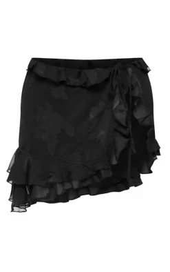 Black Textured Chiffon Tie Side Frilly Mini Skirt