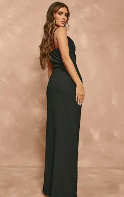 Black Textured Cowl Knot Detail Maxi Dress