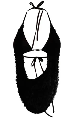 Black Textured Cowl Neck Backless Top