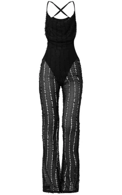 Black Textured Cowl Strappy Flare Leg Jumpsuit